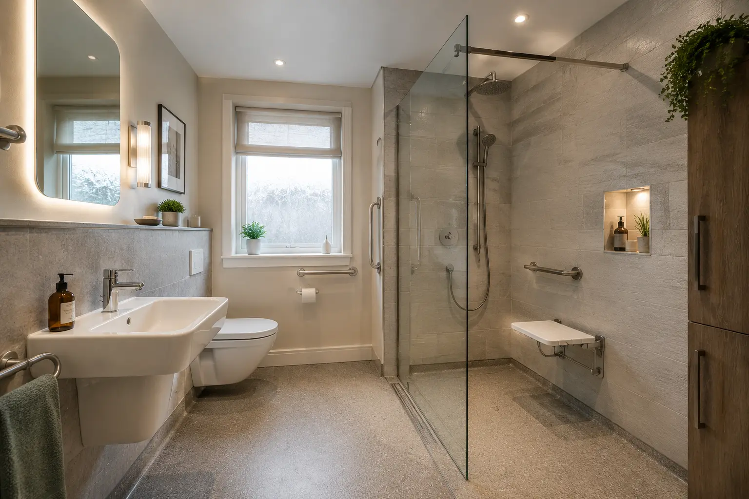 Accessible bathroom with an open shower area and support rails
