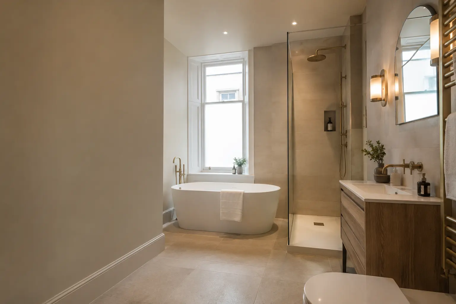 Complete fitted bathroom with a freestanding bath