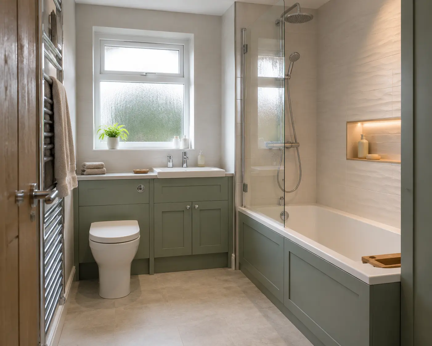 Practical fitted family bathroom with sage furniture in Glasgow