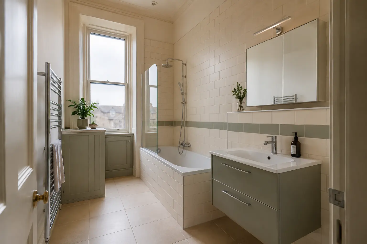 Fitted family bathroom with a sash window