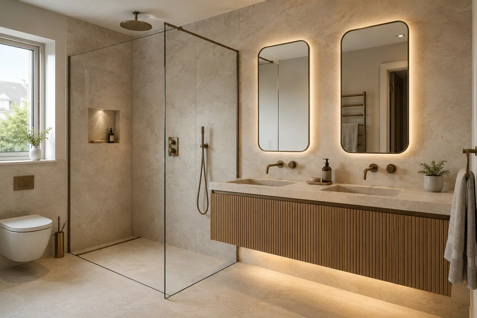 Luxury en-suite bathroom with warm lighting and fitted vanity