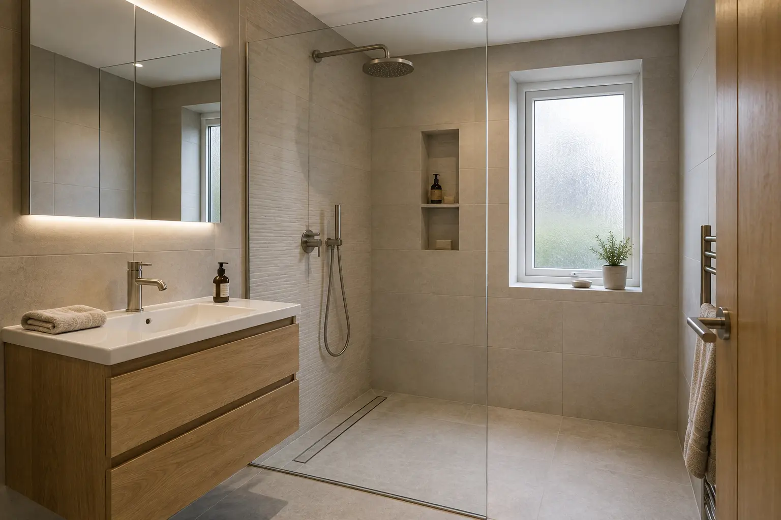Level-access wet room with warm finishes